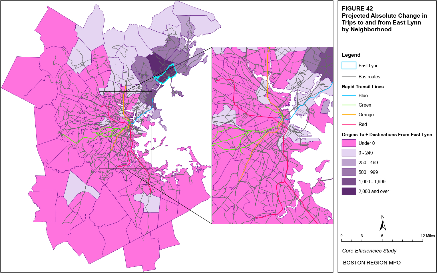 This map shows the projected absolute change in trips to and from the East Lynn neighborhood by neighborhood.